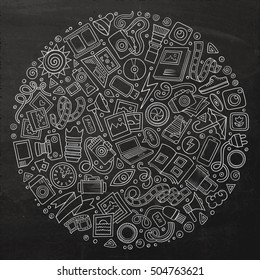 Chalkboard vector hand drawn set of Photo studio cartoon doodle objects, symbols and items. Round composition