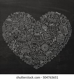Chalkboard vector hand drawn set of Wedding cartoon doodle objects, symbols and items. Heart form composition
