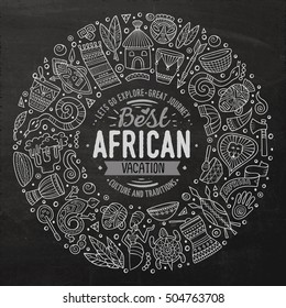 Chalkboard vector hand drawn set of Africa cartoon doodle objects, symbols and items. Round frame composition