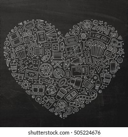 Chalkboard vector hand drawn set of Cinema cartoon doodle objects, symbols and items. Heart form composition