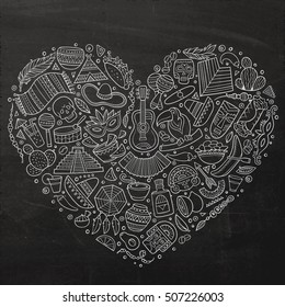 Chalkboard vector hand drawn set of Latin American cartoon doodle objects, symbols and items. Heart form composition