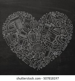 Chalkboard vector hand drawn set of Art and Design cartoon doodle objects, symbols and items. Heart form composition
