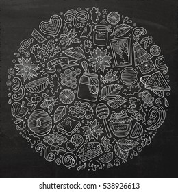 Chalkboard vector hand drawn set of Honey cartoon doodle objects, symbols and items. Round composition