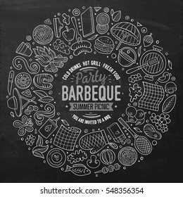 Chalkboard vector hand drawn set of Picnic cartoon doodle objects, symbols and items. Round frame composition