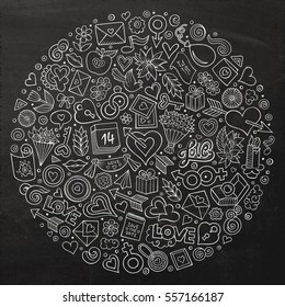 Chalkboard vector hand drawn set of Love cartoon doodle objects, symbols and items. Round composition