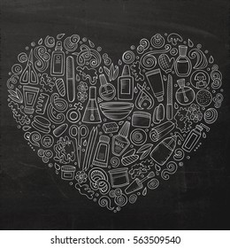 Chalkboard vector hand drawn set of Manicure cartoon doodle objects, symbols and items. Heart form composition 