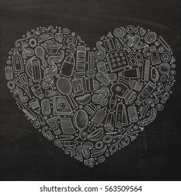 Chalkboard vector hand drawn set of Hair salon cartoon doodle objects, symbols and items. Heart form composition 