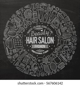 Chalkboard vector hand drawn set of Hair salon cartoon doodle objects, symbols and items. Round frame composition 
