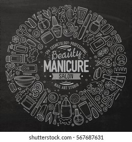 Chalkboard vector hand drawn set of Manicure cartoon doodle objects, symbols and items. Round frame composition 