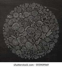 Chalkboard vector hand drawn set of Sea life cartoon doodle objects, symbols, and items. Round composition