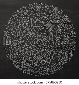 Chalkboard vector hand drawn set of Medical cartoon doodle objects, symbols, and items. Round composition