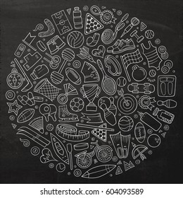 Chalkboard vector hand drawn set of Sport cartoon doodle objects, symbols and items. Round composition