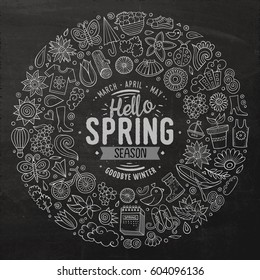 Chalkboard vector hand drawn set of Spring cartoon doodle objects, symbols and items. Round frame composition