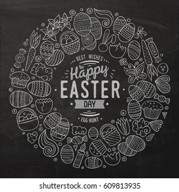 Chalkboard vector hand drawn set of Easter cartoon doodle objects, symbols and items. Round frame composition