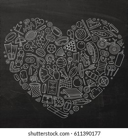 Chalkboard vector hand drawn set of Sport cartoon doodle objects, symbols and items. Heart form composition