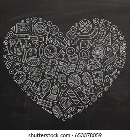 Chalkboard vector hand drawn set of Automobile cartoon doodle objects, symbols and items. Heart composition