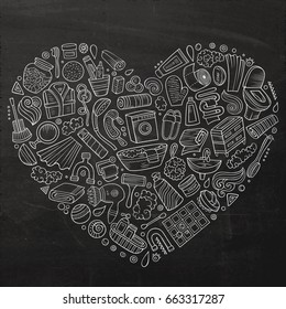 Chalkboard vector hand drawn set of Bathroom cartoon doodle objects, symbols and items. Heart composition