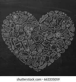 Chalkboard vector hand drawn set of Massage salon cartoon doodle objects, symbols and items. Heart composition