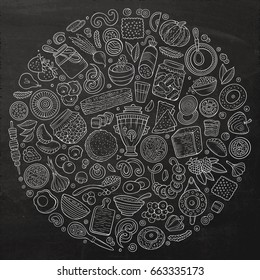 Chalkboard vector hand drawn set of Slavic food cartoon doodle objects, symbols and items. Round composition