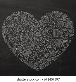 Chalkboard vector hand drawn set of Slavic food cartoon doodle objects, symbols and items. Heart composition