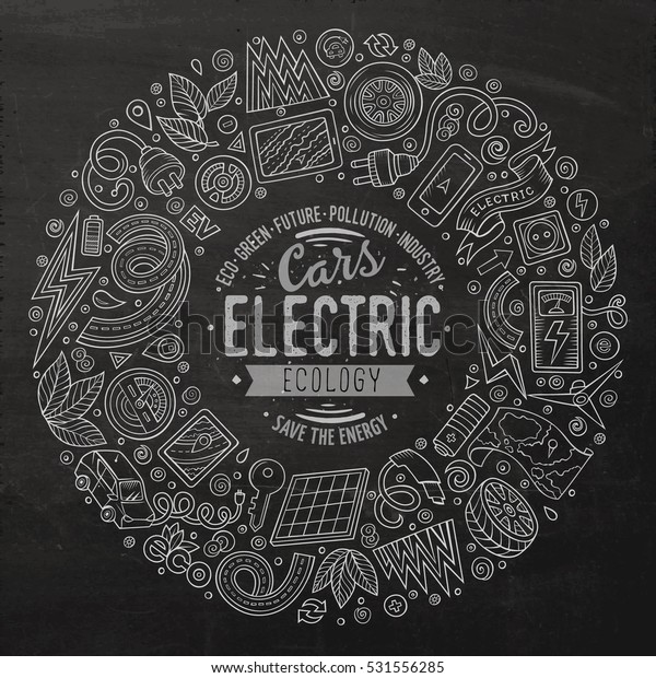 Chalkboard\
vector hand drawn set of Electric cars cartoon doodle objects,\
symbols and items. Round frame\
composition