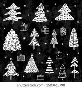 Chalkboard vector set with hand drawn Christmas trees and presents for holiday greeting cards, icons and graphic design