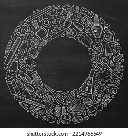 Chalkboard vector set of Nail Salon cartoon doodle objects, symbols and items. Round frame composition