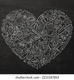 Chalkboard vector set of Nail Salon cartoon doodle objects, symbols and items. Heart form composition