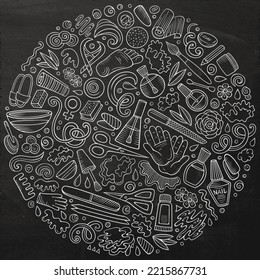 Chalkboard vector set of Nail Salon cartoon doodle objects, symbols and items. Round composition