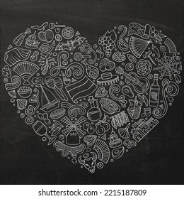 Chalkboard vector set of Spain cartoon doodle objects, symbols and items. Heart form composition