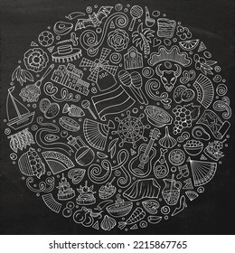 Chalkboard vector set of Spain cartoon doodle objects, symbols and items. Round composition