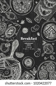 Chalkboard vertical breakfast top view illustration. Various food background. Engraved style illustration. Hero image. Vector illustration