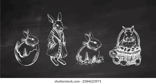 Chalkboard vintage hand drawn Easter bunnies set with basket and eggs

