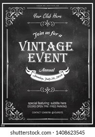 Chalkboard vintage Poster - vintage poster with retro elements on chalkboard background. Design template with sample text for promoting your vintage events. To see similar, please VISIT MY PORTFOLIO