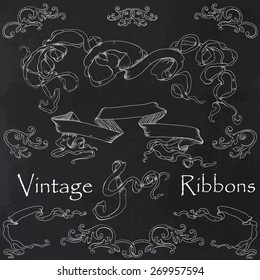 Chalkboard vintage retro ribbons clip art, for cards, weddings, menu, invitation design. Chalkboard background. 