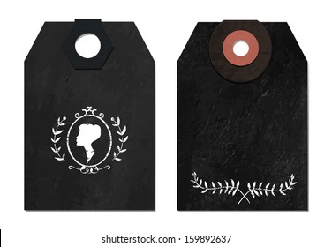 Chalkboard vintage style vector tags with branch and woman profile for design or scrap-booking, gift and sale tags, wedding stationary.