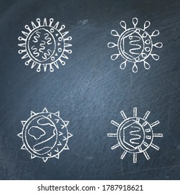 Chalkboard Virus Cell Icons Collection In Line Style. Symbols Of Influenza And Hepatitis, Polio Virus And Hantavirus. Vector Illustration.