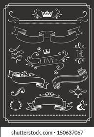 Chalkboard Wedding Graphic Set, Arrows, Hearts, Laurel, Wreaths, Ribbons And Labels.
