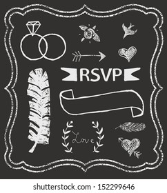 Chalkboard Wedding graphic set, arrows, hearts, laurel, feather, ribbons, rings and labels.