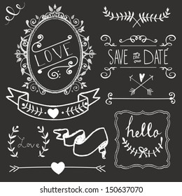 Chalkboard Wedding graphic set, borders, arrows, hearts, laurel, wreaths, ribbons and labels