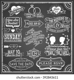 Chalkboard Wedding Invitation Elements - Retro, hand-drawn vintage chalkboard  elements.  File is layered, each object is grouped separately; colors global for easy editing.  Texture can be removed.