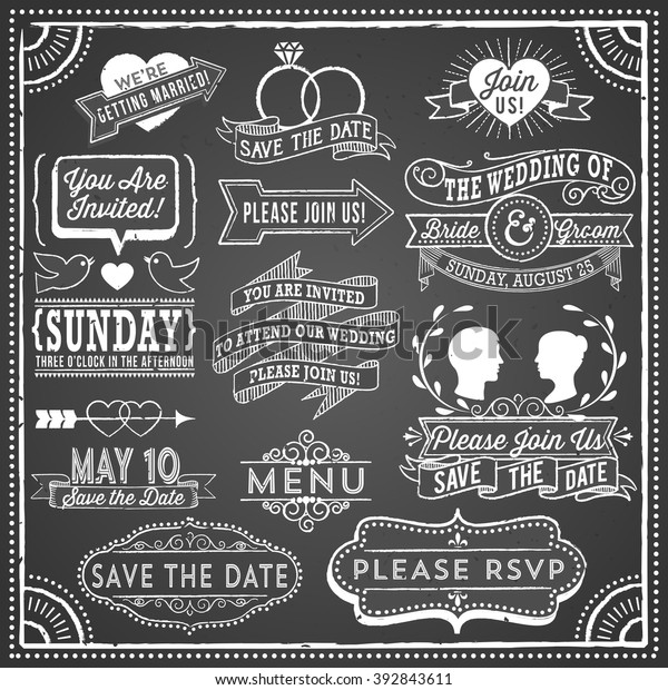 Chalkboard Wedding Invitation Elements - Retro,\
hand-drawn vintage chalkboard  elements.  File is layered, each\
object is grouped separately; colors global for easy editing. \
Texture can be\
removed.