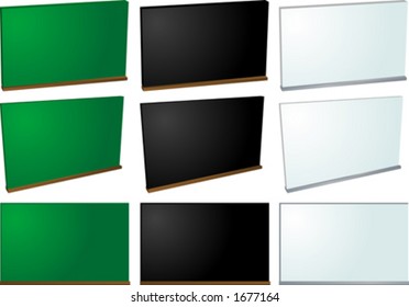 Chalkboard and whiteboard isometric vector illustration, blank and from different angles