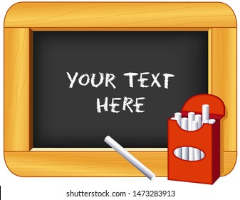 Chalkboard, wood frame, box of chalk, add your own text or art. Copy space for back to school, education, literacy projects, scrapbooks.
