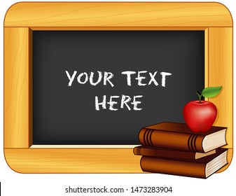 Chalkboard, wood frame, stack of books, apple for the teacher. Add your own text or art. Copy space for education, back to school, literacy projects, scrapbooks.  