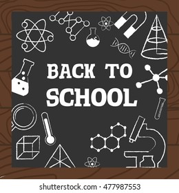 Chalkboard wooden background school science icons vector illustration. Back to school