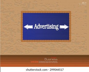 chalkboard in wooden frame with advertising word on brick wall with wooden floor.brick wall.vector illustration