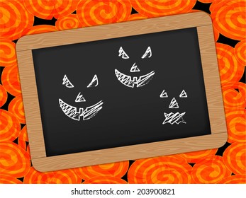 Chalkboard with wooden frame for Halloween. Vector Slate with Halloween Vector Background.