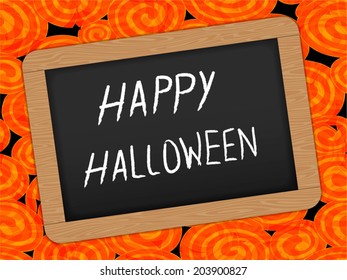 Chalkboard with wooden frame for Halloween. Vector Slate with Halloween Vector Background.