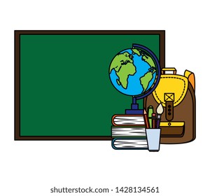chalkboard and world map with supplies
